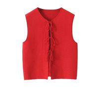 Women Sleeveless Knit Vest Top Fashion Crew Neck Open Front Tie Up Crochet Crop Top Casual Vintage Y2K Sweater Cardigan for Party Going out Beach Holiday Red M