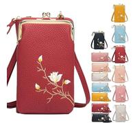 Women Sling Cross-Body Wallet with Mobile Cell Phone Holder, Embroidery Crossbody Purse for Daily Use & Travel (Red-B)