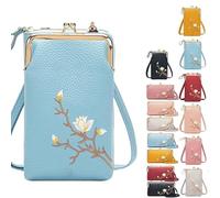 Women Sling Cross-Body Wallet with Mobile Cell Phone Holder, Embroidery Crossbody Purse for Daily Use & Travel (Blue-B)