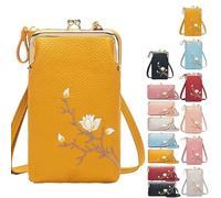 Women Sling Cross-Body Wallet with Mobile Cell Phone Holder, Embroidery Crossbody Purse for Daily Use & Travel (Yellow-B)