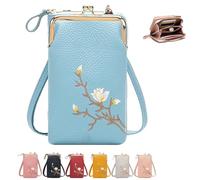Women Sling Cross-Body Wallet with Mobile Cell Phone Holder，Mini Embroidered Leather Cell Phone Fashion Crossbody Bag (Blue)