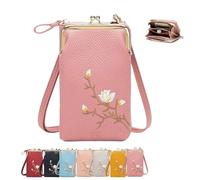 Women Sling Cross-Body Wallet, Women Crossbody Phone Bags, with Mobile Cell Phone Holder, Leather Passport Bag (Pink)