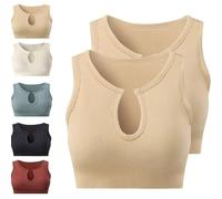 Women Sports Bras,Seamless Ribbed Sport Tank Tops Racerback Sleeveless Top Summer Causal Yoga Gym Shirts Fitness Wear for Sports Pants Tracksuit Set (Beige,2PCS)