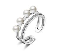 Women Sterling Silver Cubic Zirconia with Pearl Personality Double Layer Pull Partnership Rings Friendship Rings Tail Ring Can Be Adjusted As Gifts