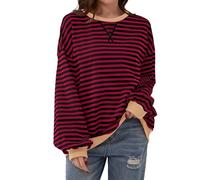 Women Striped Color Block Oversized Sweatshirt Crew Neck Long Sleeve Shirt Pullover Top Casual Loose Fit Sweater (Wine Red Black,S)