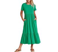 Women Summer Casual Short Sleeve Crewneck Aline Swing Flowy Tiered Shirt Maxi Beach Long Dress Trendy Outfits(Cyan,M)