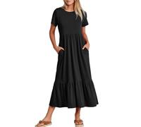 Women Summer Casual Short Sleeve Crewneck Aline Swing Flowy Tiered Shirt Maxi Beach Long Dress Trendy Outfits(Black,M)