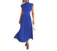 Women Summer Elegant Sleeveless Mock Neck Pleated Dress Swing Flowy Cutout High Waist Maxi Beach Long Dresses (Blue2,XL)