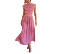 Women Summer Elegant Sleeveless Mock Neck Pleated Dress Swing Flowy Cutout High Waist Maxi Beach Long Dresses (Pink,S)