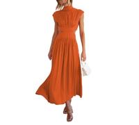 Women Summer Elegant Sleeveless Mock Neck Pleated Dress Swing Flowy Cutout High Waist Maxi Beach Long Dresses (Orange,M)