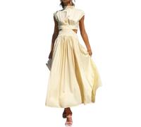 Women Summer Elegant Sleeveless Mock Neck Pleated Dress Swing Flowy Cutout High Waist Maxi Beach Long Dresses (Yellow,L)
