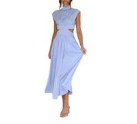 Women Summer Elegant Sleeveless Mock Neck Pleated Dress Swing Flowy Cutout High Waist Maxi Beach Long Dresses (Blue,L)