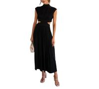 Women Summer Elegant Sleeveless Mock Neck Pleated Dress Swing Flowy Cutout High Waist Maxi Beach Long Dresses (Black,XL)