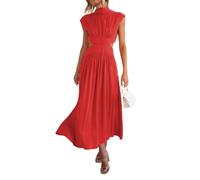 Women Summer Elegant Sleeveless Mock Neck Pleated Dress Swing Flowy Cutout High Waist Maxi Beach Long Dresses (Red,M)