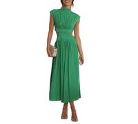 Women Summer Elegant Sleeveless Mock Neck Pleated Dress Swing Flowy Cutout High Waist Maxi Beach Long Dresses (Green,S)