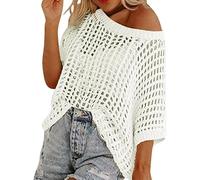 Women Summer Five Quarter Sleeve Cut-out Pick-up Crochet Tops off The Shoulder Pullover Beach Smock Knitted Jumper (White,S)