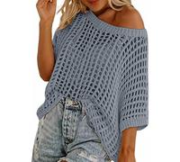Women Summer Five Quarter Sleeve Cut-out Pick-up Crochet Tops off The Shoulder Pullover Beach Smock Knitted Jumper (Grey,XXL)
