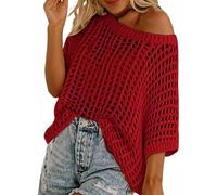 Women Summer Five Quarter Sleeve Cut-out Pick-up Crochet Tops off The Shoulder Pullover Beach Smock Knitted Jumper (Wine Red,XL)