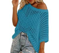 Women Summer Five Quarter Sleeve Cut-out Pick-up Crochet Tops off The Shoulder Pullover Beach Smock Knitted Jumper (Peacock Blue,M)