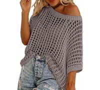 Women Summer Five Quarter Sleeve Cut-out Pick-up Crochet Tops off The Shoulder Pullover Beach Smock Knitted Jumper (Khaki,S)