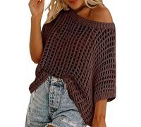 Women Summer Five Quarter Sleeve Cut-out Pick-up Crochet Tops off The Shoulder Pullover Beach Smock Knitted Jumper (Dark Brown,XL)