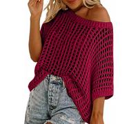 Women Summer Five Quarter Sleeve Cut-out Pick-up Crochet Tops off The Shoulder Pullover Beach Smock Knitted Jumper (Rose Red,L)