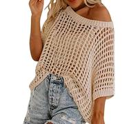 Women Summer Five Quarter Sleeve Cut-out Pick-up Crochet Tops off The Shoulder Pullover Beach Smock Knitted Jumper (Apricot,XL)