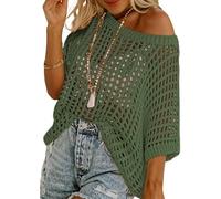 Women Summer Five Quarter Sleeve Cut-out Pick-up Crochet Tops off The Shoulder Pullover Beach Smock Knitted Jumper (Army Green,XL)
