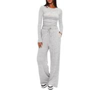 Women Two Piece Lounge Set Crew Neck Long Sleeve Top Wide Leg Pants | Coordinated Solid Color Look Adjustable Drawstring Waist Side Pockets Full Length Pants For Casual Days And Travel