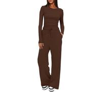 Women Two Piece Lounge Set Crew Neck Long Sleeve Top Wide Leg Pants | Coordinated Solid Color Look Adjustable Drawstring Waist Side Pockets Full Length Pants For Casual Days And Travel