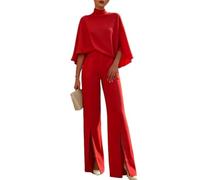 Women Two Piece Pants Set Mock Neck Cape Top High Waist Wide Leg Pants | Draped Upper Shape High Rise Waist Front Hem Slits Full Length Cut Back Keyhole Closure Coordinated Styling For Formal Wear