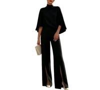 Women Two Piece Pants Set Mock Neck Cape Top High Waist Wide Leg Pants | Draped Upper Shape High Rise Waist Front Hem Slits Full Length Cut Back Keyhole Closure Coordinated Styling For Formal Wear
