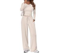 Women Two Piece Set Long Sleeve Top Wide Leg Pants Casual Lounge Outfit | Drawstring Waist Practical Side Pockets Flowing Leg Shape Coordinated Solid Color Look For Lounging Errands And Travel