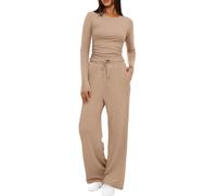 Women Two Piece Set Long Sleeve Top Wide Leg Pants Casual Lounge Outfit | Drawstring Waist Practical Side Pockets Flowing Leg Shape Coordinated Solid Color Look For Lounging Errands And Travel