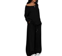 Women Two Piece Set Off Shoulder Top Wide Leg Pants Casual Outfit (Black,S)