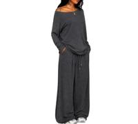Women Two Piece Set Off Shoulder Top Wide Leg Pants Casual Outfit (Dark Gray,S)