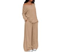 Women Two Piece Set Off Shoulder Top Wide Leg Pants Casual Outfit (Khaki,L)