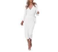Women Wrap V Neck Long Sleeve Sweater Dress Tie Waist Bodycon Knit Midi Elegant Dress Womens Dresses Fall Casual (Color : White, Size : L)