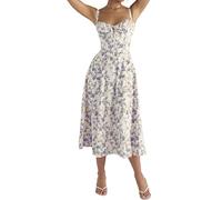 Women Y2k Square Neck Floral Long Dress Low Cut,Square Neck Dresses with Slits Corset Midi Dresses,Bustier Sundress Corset Back,Sleeveless Bustier Midi Dress Going out Spaghetti Strap Sundress