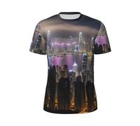 WOmeng Aerial Night of View Hong Kong Stampa Uomo Moda Manica Corta T-Shirt Running Fitness Routine Attività Estive, Nero , M