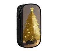 WOmeng Astuccio per matite pratico con glitter dorato con stampa di albero di Natale, forniture scolastiche, penne, matite, accessori artistici per varie occasioni, Nero , Taglia unica, Con tasca per