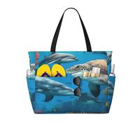 WOmeng Borsa da spiaggia pieghevole con delfini, tartaruga marina, squalo, polipo, barriera corallina, borsa da spiaggia, comoda, per vacanze estive, picnic, campeggio, palestra, uso quotidiano