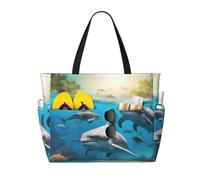 WOmeng Borsa da spiaggia pieghevole con delfini, tartaruga marina, squalo, polipo, corallo, stampa corallo, convenienza, vacanze, picnic, campeggio, palestra, uso quotidiano