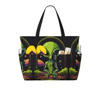 WOmeng Borsa da spiaggia pieghevole con stampa aliena verde, convenienza, estiva, picnic, campeggio, palestra, uso quotidiano