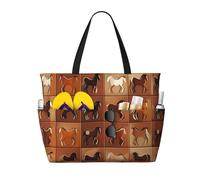 WOmeng Borsa da spiaggia pieghevole con stampa di cavalli marroni, comoda borsa da spiaggia per vacanze estive, picnic, campeggio, palestra, uso quotidiano
