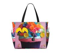 WOmeng Borsa da spiaggia pieghevole con stampa di cupcake colorati e arcobaleno e fiori, per vacanze estive, picnic, campeggio, palestra, uso quotidiano