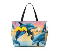 WOmeng Borsa da spiaggia pieghevole con stampa di delfini innamorati, comoda borsa da spiaggia estiva, picnic, campeggio, palestra, uso quotidiano