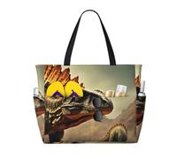 WOmeng Borsa da spiaggia pieghevole con stampa di dinosauri, comoda borsa da spiaggia, per vacanze estive, picnic, campeggio, palestra, uso quotidiano