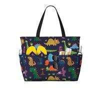 WOmeng Borsa da spiaggia pieghevole con stampa di dinosauri e foglie di palma, comoda, per vacanze estive, picnic, campeggio, palestra, uso quotidiano