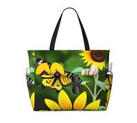 WOmeng Borsa da spiaggia pieghevole con stampa di girasole e farfalle, comoda, per vacanze estive, picnic, campeggio, palestra, uso quotidiano